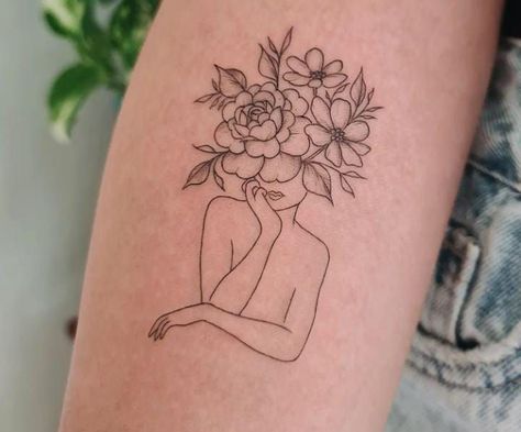 Flower Mind Tattoo, Tattoo Head With Flowers, Head Of Flowers Tattoo, Woman Silhouette Tattoo Flower, Flowers Out Of Head Tattoo, Still Growing Tattoos For Women, Flowers Growing Out Of Head Tattoo, Body With Flower Head Tattoo, Flowers Growing Tattoo