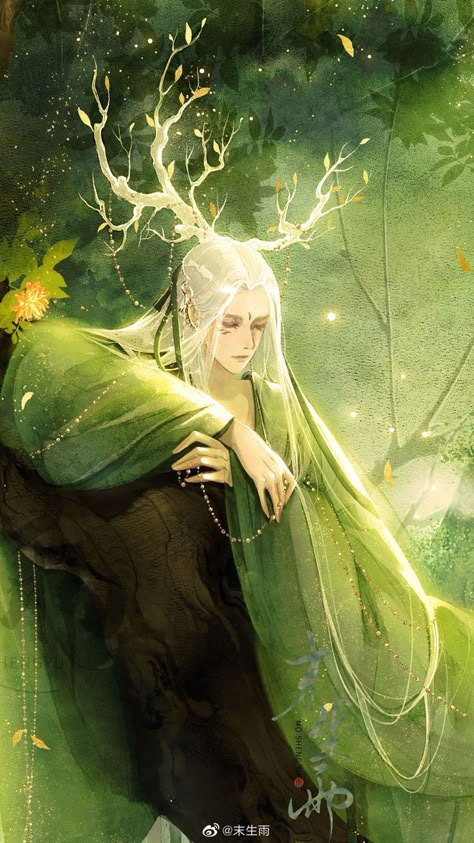 Elf God Art, Woodland Elf Art, Elf Kingdom Fantasy Art, Chinese God Art, Elf In Forest, Forest God Art, Forest Elf Drawing, Dryad Male, Forest Elf Art