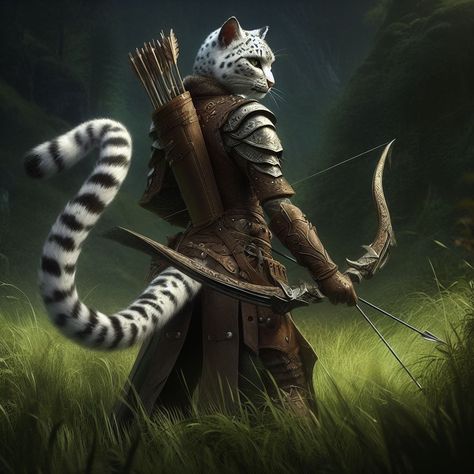 A Tabaxi from Dungeons & Dragons with a snow leopard coat, holding a bow and arrow in a field of grass. Dnd Tabaxi Ranger, Snow Leopard Tabaxi Female, Tabaxi Female Ranger, Snow Leopard Tabaxi Dnd, Humanoid Feline, Tabaxi Warlock Female, Snow Leopard Tabaxi, Dnd Tabaxi Female Rouge, Snow Leopard Character