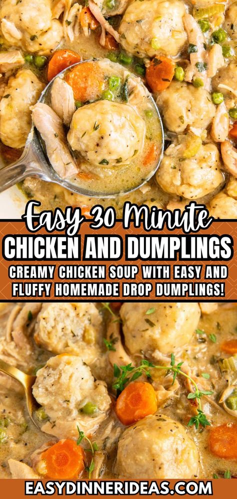 This easy chicken and dumplings recipe is creamy and comforting, made with rotisserie chicken and fluffy drop dumplings in 30 minutes! It's the ultimate comfort food dinner recipe that's quick and easy to make! Drop Dumplings Recipe, Easy Drop Dumplings, Chicken And Dumplin Recipe, Quick Chicken And Dumplings, Easy Chicken Dumpling Recipes, Dumplin Recipe, Easy Chicken And Dumplings Recipe, Dumplings Easy, Best Chicken And Dumplings