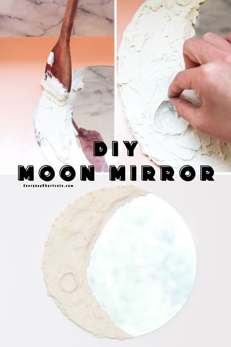 Moon Mirror Diy, Diy Moon, Plaster Moon Diy, Mirror Moon Diy, Moon Phase Mirrors, Moon Shaped Mirror, Resin Crescent Moon, Moon Mirror, Moon Crafts