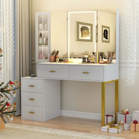 Mercer41 Priansh Vanity Desk with Mirror and Lights, Makeup Vanity with Charging Station | Wayfair Makeup Vanity With Lights, Vanity With Lights, Makeup Tables, Vanity Desk With Mirror, Lights Makeup, Makeup Vanity Lighting, Glass Door Design, Makeup Vanities, Home Goods Furniture