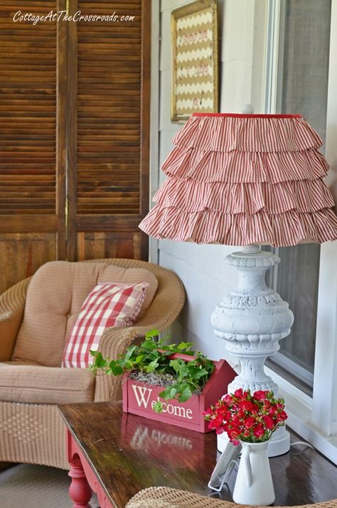 Red Ticking Ruffled Shade | Cottage at the Crossroads Diy Ruffle, Porch Sitting, Country Porch, Red Cottage, Summer Porch, Diy Outdoor Decor, Diy Lamp Shade, Casa Exterior, The Crossroads