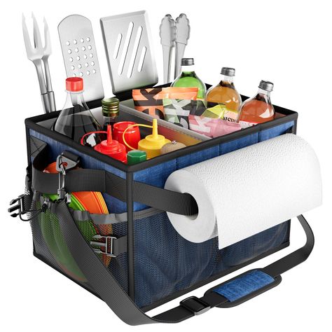 PRICES MAY VARY. All In One Caddy- The caddy measures 15.8”×11.8”×10.6”. The great griddle tool carrying your grill accessories, picnic tools, and camping supply, keeps all your items neat and within reach. Easily holds spices, condiments, plate, cutlery, napkin, paper towel roll, grill tools, spoon, camping cups, and more. Make your travel much easier. (Patent Pending) Easy Carry & Versatile- Features with a detachable padded shoulder strap and easy carry handle for your convenience, make carry Grill Caddy, Bbq Caddy, Picnic Caddy, Condiment Caddy, Utensil Caddy, Grilling Utensils, Camping Cups, Deck Boxes, Camping Set