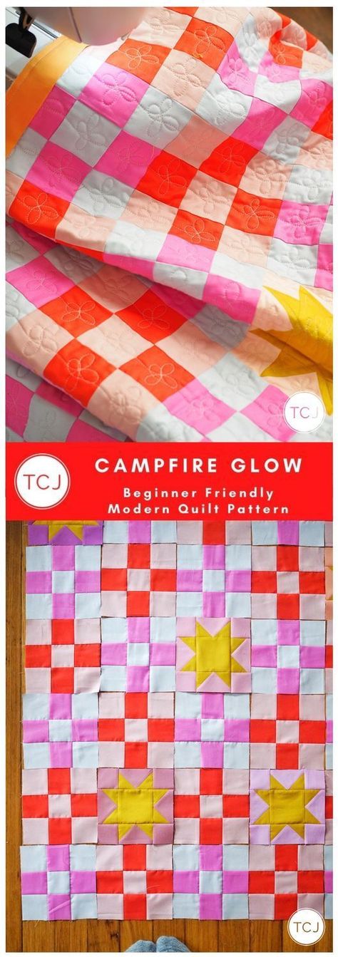 The Campfire Glow Quilt Pattern by Meghan of thencamejune.com The Campfire Glow Quilt Pattern uses two traditional blocks, the 9 Patch and Sawtooth Star, to create a fresh modern quilt. #campfireglowquilt #thencamejunepatterns #modernquilts Sawtooth Star, Then Came June, Star Outline, Stash Buster, Star Blocks, Modern Quilt Patterns, Cover Girl, Modern Quilt, Color Pairing