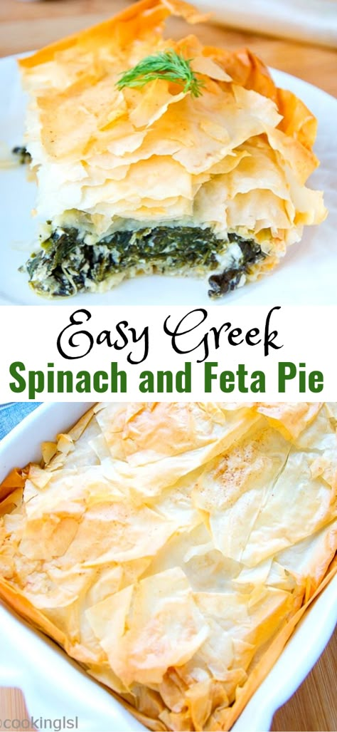 Popular Greek Spinach and Feta Pie (Spanakopita) is great for a meatless, light every day. Simple one pot meal, packed with wonderful flavors. Spinach And Feta Pie, Spinach Feta Pie, Feta Pie, Spanakopita Recipe, Greek Spinach, Greek Spinach Pie, Spinach Pie, Spinach Feta, One Pot Meal