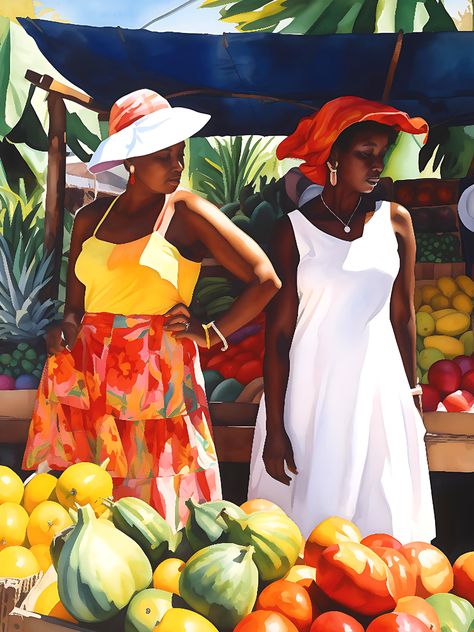 Two ladies at the Caribbean market selling or buying fruits. Caribbean Art Paintings, Caribbean Illustration, Carribean Colors, Caribbean Market, Caribbean Fruits, Caribbean Artists, West Indies Art, Jamaica Art, Caribbean Colors