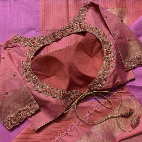 Murtham Blouse Design, Pink Work Blouse Designs Latest, Pink Gold Blouse Designs, Embroidery Blouse Designs For Silk Saree, Pink And Gold Blouse Designs, Silk Blouse Designs Indian Wedding, Blouse Designs For Muhurtham, Peach Colour Maggam Work Blouse, Shoulder Work Blouse Designs