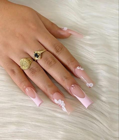 Light Pink Nail Sets, Pink French Nails With Gems, Graduation Nail Inspo Short, Flower Bath Nails, Pink Quince Nails Short, Quince Pink Nails, Pink And Beige Nails, Pink Graduation Nails, Baby Pink Nails Ideas