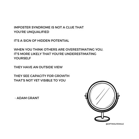 Imposter syndrome is not a clue that you're unqualified...  #optimalfemale #impostersyndrome #confidence #poems #poetry #poem #quote Quotes About Imposter Syndrome, Imposter Syndrome Art, Confidence Poems, Imposter Syndrome Quotes, Home Screen Quotes, Syndrome Quotes, Brand Quotes, Big Girl Job, Psych Nurse