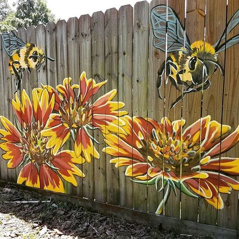 Bees and Indian Blankets! #fencemural #bees #goblinflower #wildflowers Cheap Backyard Makeover Ideas, Tiki Garden, Planning Garden, Trellis Garden, Garden Uk, Garden Fence Art, Garden Mural, Cheap Backyard, Uk Garden