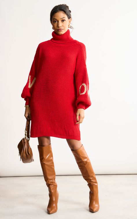 Wear this stunning red roll neck chunky knit love jumper dress to look stylish and classy. With its high neckline, it will make you look opulent. The stylish fit will make you stand out in any crowd. Winter, Christmas Day, knitted/wool, Brunch, Going Out, Basic, Slogan, Long Sleeve, High Neck, A-Line, Mini Jumper Dress Outfit Winter, Jumper With Skirt, Jumper Dress Outfit, Knit Jumper Dress, Red Knit Dress, Knitted Jumper Dress, Winter Dress Outfits, Look Stylish, Christmas Day