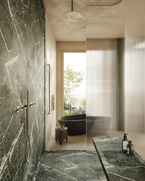 Welcome to the epitome of luxury: A green marble oasis embraced by earthy plaster, gracing our exquisite Milan penthouse master bathroom… | Instagram Banda Property, Green Marble Bathroom, Luxury Bathroom Inspiration, Penthouse Living, Bathroom Inspiration Decor, Flute Glass, Green Bathroom, Marble Bathroom, Green Marble