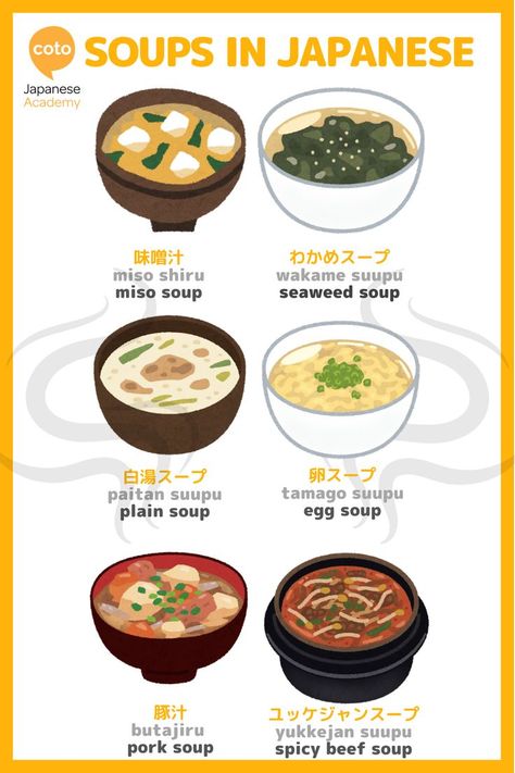 Let's learn about varieties of SOUPS in Japanese! Japenese Food, Japanese Vocabulary, Materi Bahasa Jepang, Homemade Cookbook, Japanese Soup, Food Infographic, Kawaii Cooking, Japanese Cooking, Japanese Dishes