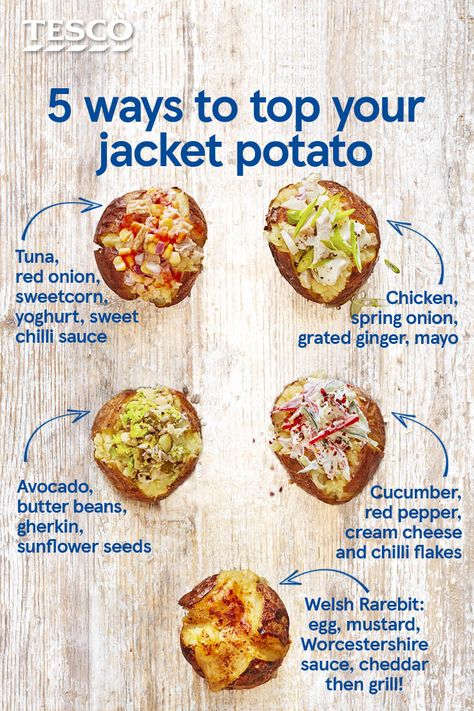 Stuck for jacket potato topping ideas? Go beyond beans and cheese with our simple yet delicious toppings for the ultimate jacket potato. How about a Welsh Rarebit recipe or vegan bean and avocado... | Tesco Garlic Stuffed Jacket Potatoes, Healthy Jacket Potato, High Protein Jacket Potato, Vegan Jacket Potato, Stuffed Jacket Potato Recipes, Jacket Potatoes Recipes, Healthy Jacket Potato Fillings, Healthy Baked Potato Toppings, Jacket Potato Toppings