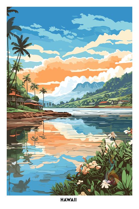 🌴 Wonderful wall art, perfect for coastal style house decor! 😃🍹🏄‍♀️ Island Digital Art, Hawaii Landscape Drawing, Vintage Hawaii Art, Hawaii Digital Art, Poster Examples, Hawaii Illustration Hawaiian Art, Surf Posters, Cards Poster, Lovely Paintings