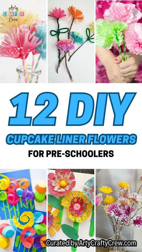 Transform ordinary cupcake liners into vibrant floral masterpieces with this easy DIY project, perfect for preschoolers. Curated by Arty Crafty Crew. Flowers Out Of Cupcake Liners, Cupcake Flowers Craft, Cupcake Liner Flowers Preschool, Flowers With Cupcake Liners, Flowers From Cupcake Liners, Cupcake Liners Crafts, Cupcake Liner Crafts, Cupcake Liner Flowers, Cupcake Flower