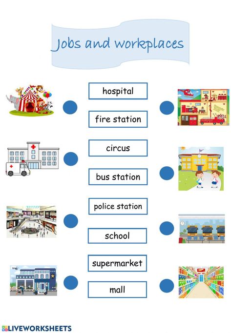 Jobs and work places 2 - Interactive worksheet Jobs And Places Of Work Worksheet, Jobs And Places Worksheets, Jobs Worksheet For Kindergarten, Place Worksheet, Smart Board Lessons, Life Skills Curriculum, Community Helpers Preschool, Kindergarten Phonics Worksheets, English Worksheets For Kindergarten