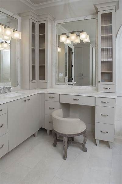 L shape vanity | Master bathroom vanity, Bathroom remodel master ... L Shaped Bathroom Vanity, L Shaped Vanity, L Shaped Bathroom, Beautiful Bathroom Vanity, Best Kitchen Design, Large Bathroom, Master Bath Remodel, Vanity Chair, Wood Vanity