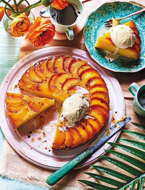 Peach Cornbread, Magazine Recipe, Cornbread Cake, Scoop Of Ice Cream, Honey Cornbread, Cornbread Recipe, American Recipes, Peach Cake, Hot Honey