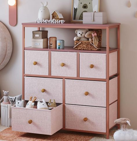 Pink Chest Of Drawers, Girl Dresser, Bedroom Closets, Pink Dresser, Tall Chest Of Drawers, Dresser Shelves, Chest Of Drawers Bedroom, Nursery Dresser, Fabric Dresser