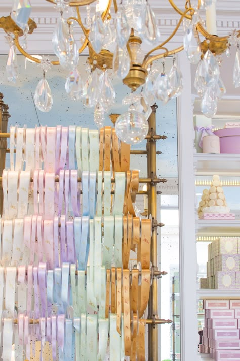 Laduree Party, Caramel Palette, Golden Chandelier, Bakery Shop Design, Laduree Paris, More Than Enough, Bakery Shop, Craft Room Organization, Ribbon Colors