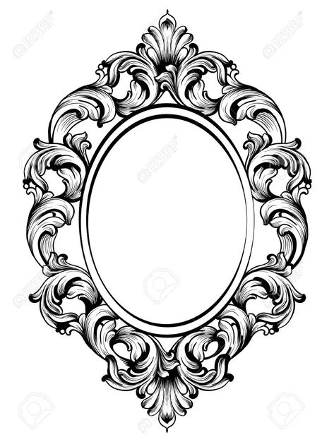 Mirror Frame Tattoo, Tattoo Frame Design, Vintage Frame Tattoo, Mirror Tattoos, Mirror Drawings, Victorian Picture Frames, Filigree Tattoo, Framed Tattoo, Floral Logo Design