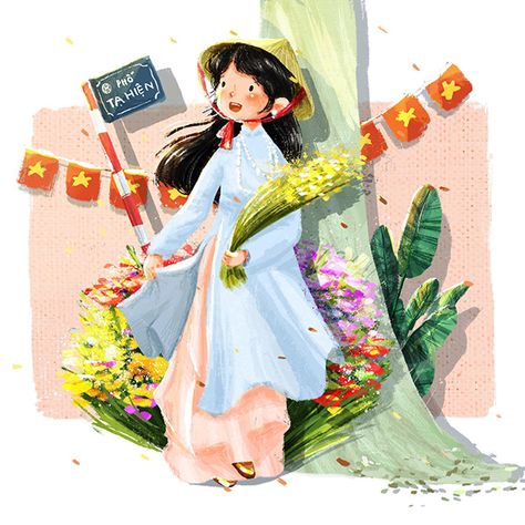 Viet Nam Art, Traditional Dress Illustration, Vietnam Art Design, Vietnam Traditional Dress, Vietnam Dress, Pop Art Fashion, Vietnam Art, Dress Illustration, Children's Illustration