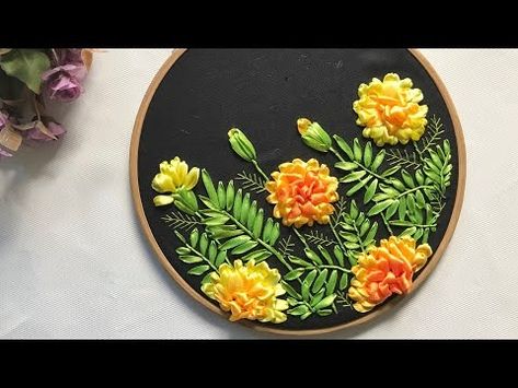 (1285) Marigold Flower Ribbon Embroidery | Ribbon Embroidery Design - YouTube Marigold Flower Embroidery, Marigold Embroidery, Embroidery Video, Embroidery Ribbon, Marigold Flower, Embroidery Videos, Flower Embroidery, Ribbon Embroidery, Embroidery Flowers