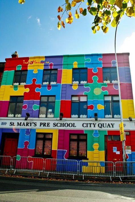 Colorful Places, Colourful Buildings, Live Colorfully, Dublin Ireland, Over The Rainbow, Beautiful Buildings, Public Art, Amazing Architecture, Puzzle Pieces