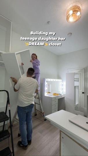 433K views · 80K reactions | Let’s build my teenage daughter’s ✨DREAM✨ closet in less than 24 hours 🥲 We recently remodeled our dining room into a bedroom for our oldest daughter. Because of this, there was no build-in closet system in the room which means we had to take things into out own hands… with the help of @modularclosets 😉. Today we are turning this blank wall into a MASSIVE closet, complete with a vanity and all. Stay tuned for the rest! 🤩 #roommakeover #closetmakeover #modularclosets #iwantamodularcloset #closetorganization #closetsystem #wallcloset | Jessica Skube | jesssfam · Original audio How To Make A Closet In A Room, Turn Room Into Closet, Closet And Vanity Room Ideas, Closet Vanity Ideas, Massive Closet, Make A Closet, Modular Closets, Closet Vanity, Oldest Daughter