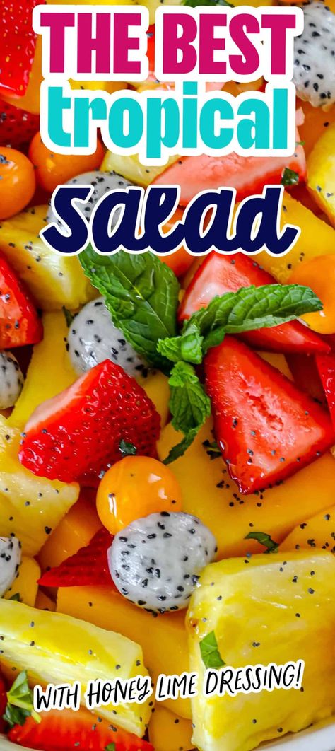 Tropical Fruit Salad - salads #salads #sidedishes Hawaiian Fruit Salad, Tropical Fruit Salad Recipe, Hawaiian Salad, Mediterranean Desserts, Fruit Salad With Pudding, Tropical Fruit Salad, Honey Lime Dressing, Tropical Salad, Frozen Fruits