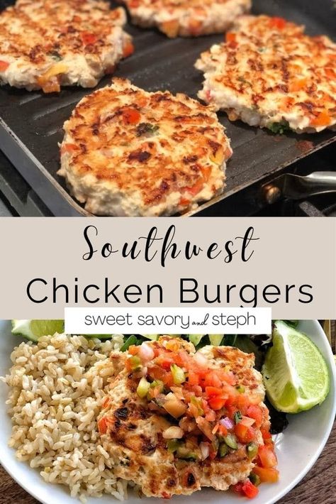 Southwest Burger Recipe, Southwest Chicken Skillet Dinner, Southwest Chicken And Cauliflower Rice, Southwest Chicken Burgers, Ground Chicken Zucchini Burgers, Southwest Burger, Ground Chicken Burgers, Grilled Burger Recipes, Chili Lime Seasoning