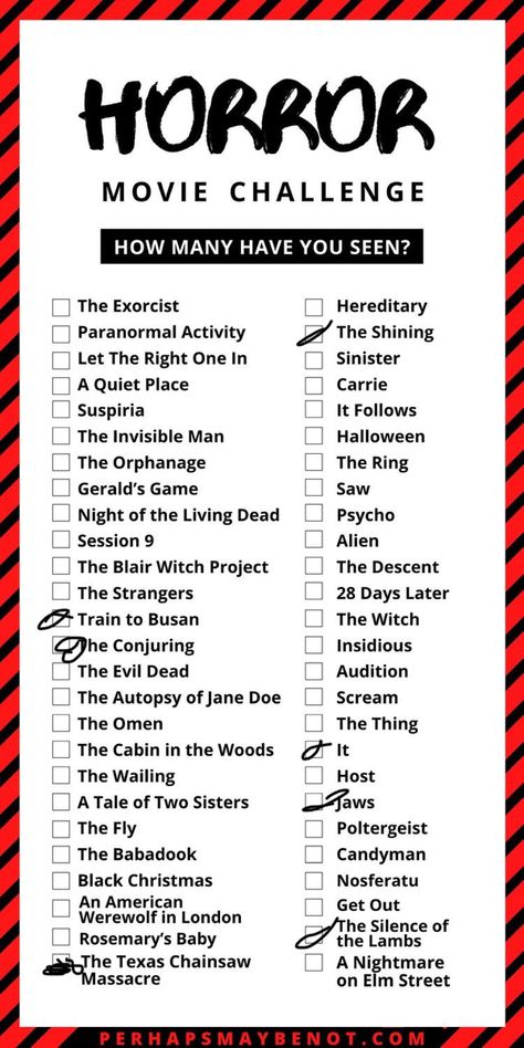 Classic Slasher Movies List, October Horror Movie Challenge, Movies To Watch With Friends Funny, October Horror Movie List, Horror Movie Bucket List, Top 10 Horror Movies List, Classic Horror Movies List, Slasher Movies List, Top Horror Movies List