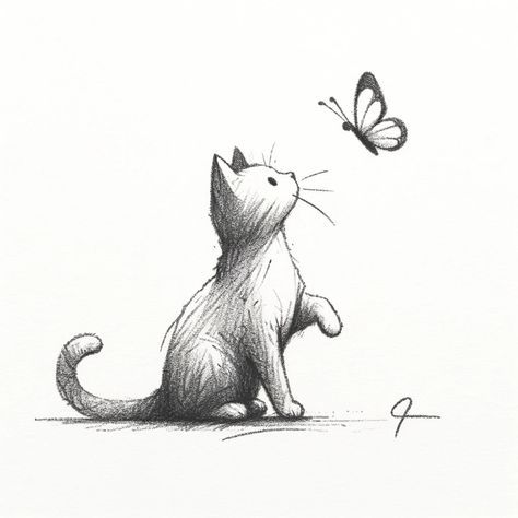 Cat And Butterfly Sketch, Butterfly Cat Drawing, Cat Drawing From Behind, Cat With Butterfly Drawing, Cat Butterfly Drawing, Cat And Butterfly Drawing, Kittens Drawing, Pisces Cat, Cute Bird Drawing