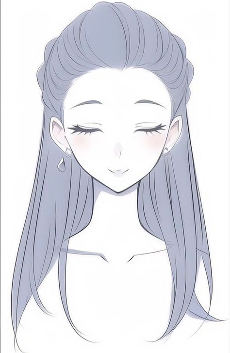 Anime Front Profile, Anime Face Looking Down Reference, Anime Ponytail Reference, Hair Reference Front View, Hair Flowing Reference, Anime Middle Part Hair, Hair Front View Drawing, Pulled Back Hair Drawing, Side Part Hair Drawing