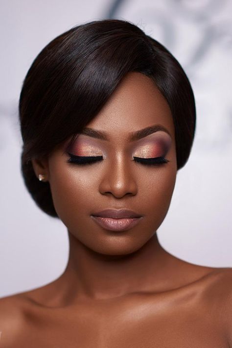 black bride makeup perfect lilac peach gold arrows strobing effect nude mzl4wson Black Bridal Makeup, Wedding Hairstyles And Makeup, Mekap Mata, Makeup For Black Skin, Smink Inspiration, Black Women Makeup, Braut Make-up, Makijaż Smokey Eye, Wedding Makeup Looks