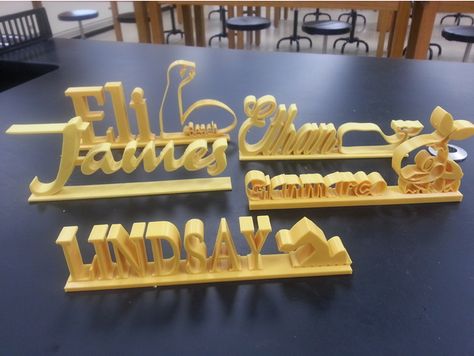 In this project students create a name plate that can be put on a desk or table. This project was completed with an 8th grade class. They made personalized name plates which were used to identify their artwork at an exhibition. Students might also create name plates for teachers or parents. Student created models are included here as examples. 3d Printed Name Plate, Printing Idea, Create Name, Personalized Name Plates, Desk Name Plate, 3d Printer Projects, Name Plates, Desk Name Plates, Print Ideas