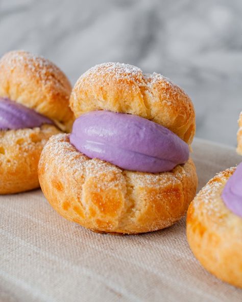 Ube Cream Puffs (Pâte à Choux Recipe) - Fork & Spoon Cream Puff Flavors, Ube Desserts, Ube Dessert Recipe, Choux Recipe, Jiggly Puff, Dessert Favorites, Ube Recipes, Filipino Food Dessert, Valentines Dinner