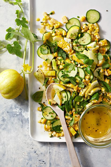 Yellow and green cucumbers tossed with sweet corn and herbs will have you toting this fresh salad to backyard barbecues all summer. Cucumber Corn Salad, Blueberry Salad Recipes, Brunch Sides, Blueberry Salad, Cucumber Salad Recipe, Easter Side Dishes, Salads Dressing, Farmers Market Recipes, Spring Dinner