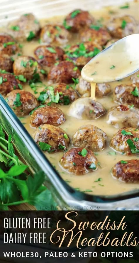 Gluten Free Swedish Meatballs + Dairy Free Sauce | Healthy Taste Of Life Dairy Free Swedish Meatballs, Swedish Meatballs Sauce, Gluten Free Swedish Meatballs, Dairy Free Gravy, Dairy Free Meatballs, Meatballs Sauce, Gluten Free Dairy Free Dinner, Swedish Meatballs Recipe, Dairy Free Sauces