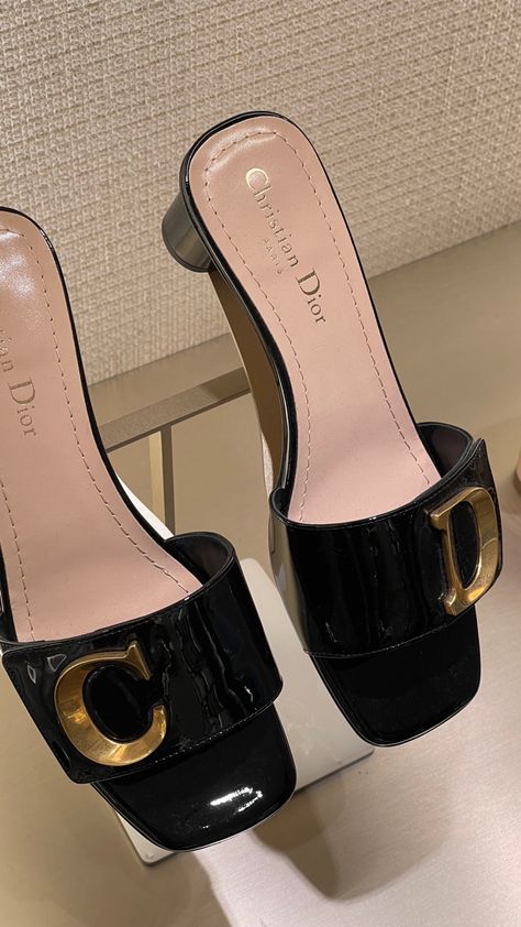 Christian Dior Mules in Black with Gold Logo Finishing Dior Mules, Christian Dior Clogs, Vintage Dior Mules, Luxury Black Sleek Mules, Designer Black Mules With 4-inch Heel, Gold Logo, Christian Dior, Dior, ? Logo