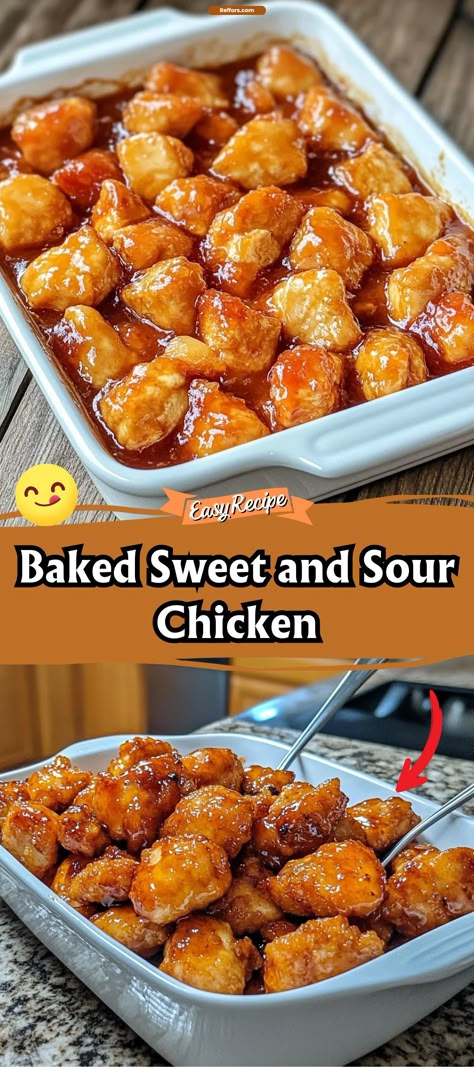 Baked Sweet and Sour Chicken Chicken Bites Oven, Baked Sweet And Sour Chicken Recipe, Baked Sweet And Sour Chicken, Sweet And Sour Chicken Recipe, Sour Chicken Recipe, Homemade Chinese Food, Sweet And Sour Chicken, Sweet Sour Chicken, Chicken Breast Recipes Easy