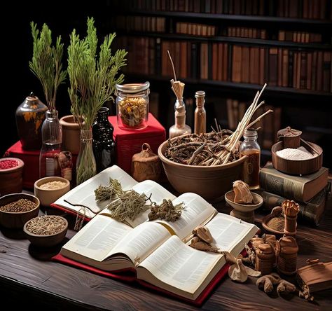 Ancient herbal medicine setup with open books, dried herbs, roots, glass jars, and wooden bowls on a wooden table. Ancient Ayurveda, The Wisdom, The Roots, Ayurveda, Texts, Healing