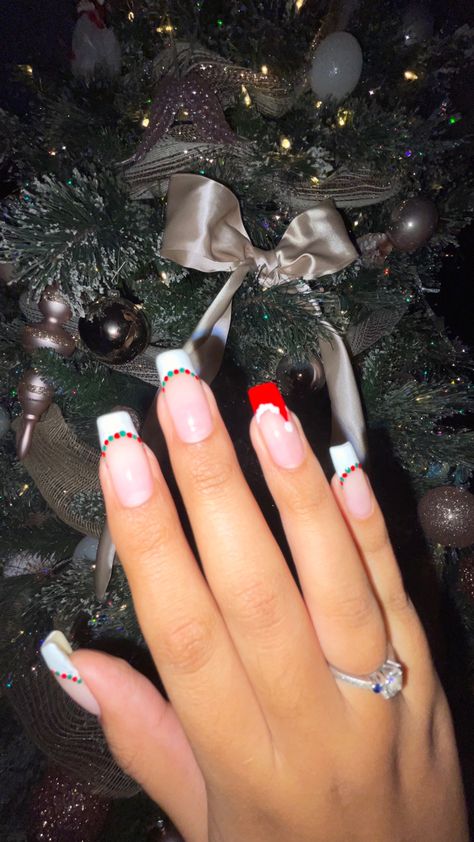 Santa themed french nails, gelx, gel overlay, nail inspo, christmas style nails French Tip December Nails, Christmas Themed French Tip Nails, Cute French Tip Christmas Nails, Red And Green Christmas Nails Square, Christmas French Tips Square, French Tip With Christmas Design, Christmas Nails Acrylic French Tip, Christmas French Tip Nails Almond, Christmas Nail 2024