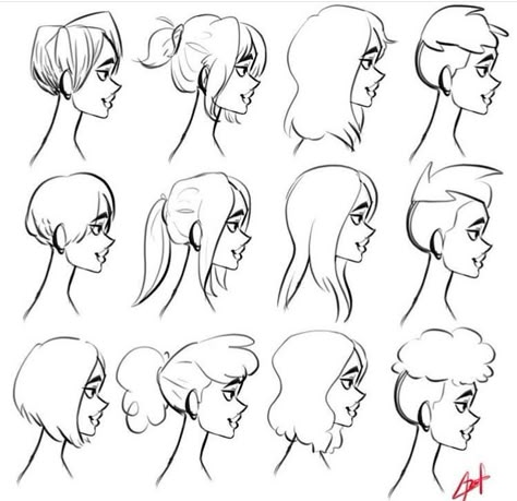 Falling Hair Drawing Reference, Profile Hair Drawing, Side Profile Hair Reference, How To Draw Ponytails, Hair Drawing Side View, Side Profile Hair Drawing, Hair Side Profile Drawing, Ponytail Drawing Reference, Cartoon Hairstyles