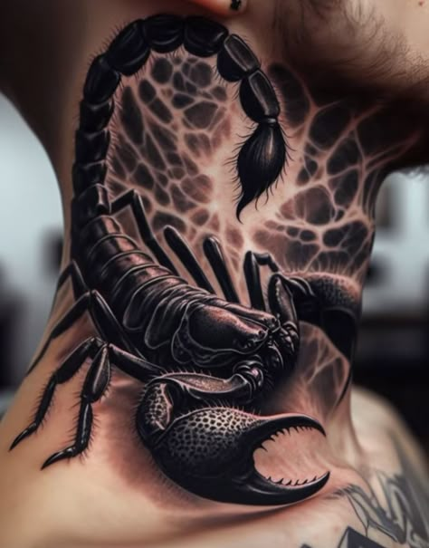 Spider Web Tattoo Elbow Men, Venom Neck Tattoo, Scorpion Tattoo On Neck, Scorpion Tattoos Men, Scorpion Ankle Tattoo, Scorpion Tattoo Hand, Neck Bone Tattoo, Scorpion Tattoo Design Men, Neck Tattoo Designs Men