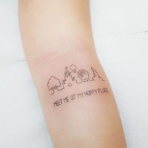 Walt Disney World Tattoo Ideas, Minimal Mickey Tattoo, Meet Me At My Happy Place Disney, Disney Park Tattoo Ideas, Disney Lover Tattoo, Disney Skyline Tattoo, Disney Coordinates Tattoo, Happily Ever After Tattoo Disney, Subtle Mickey Tattoo