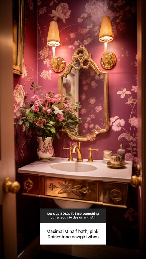 maximalist pink half bath Maximalist Half Bathroom, Moody Pink Bathroom, Maximalist Powder Room, Maximalist Decor Bathroom, Maximalism Bathroom, Mauve Bathroom, Womens Bathroom, Pink Powder Room, Washroom Ideas