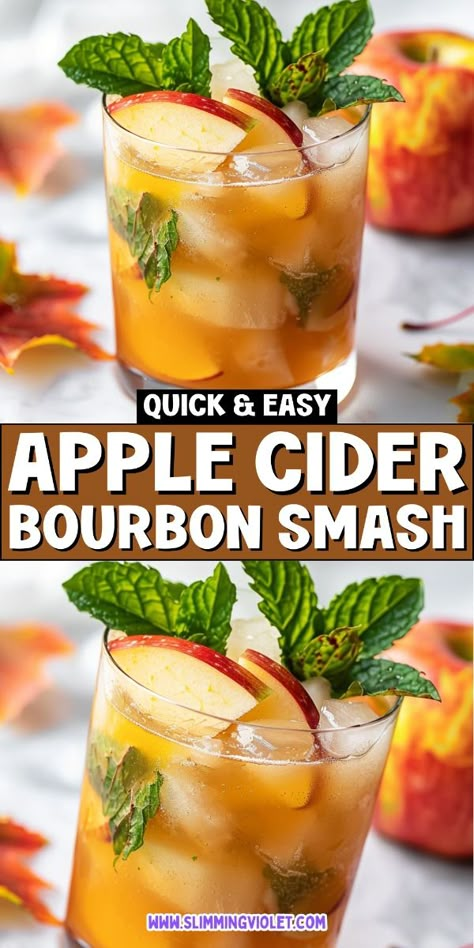 Apple Cider Bourbon Smash is a bold and refreshing autumn alcoholic drink. Ideal for a Thanksgiving party, this cocktail blends the rich flavors of bourbon with the crisp taste of apple cider. Save this pin for a smashing good time! Apple Crisp Alcoholic Drink, Alcoholic Beverages For Fall, Maple Bourbon Apple Cider, Bourbon Fall Punch, Fall Drinks Bourbon, Apple Cider Smash, Thanksgiving Booze Drinks, Apple Cider And Bourbon Punch, Apple Cider Cinnamon Drink